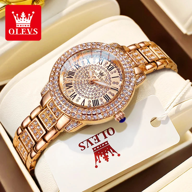 relógio Olevs luxo todo diamante original relógio de quartzo para mulheres elegante rosa ouro aço inoxidável à prova d´ água relógios de pulso