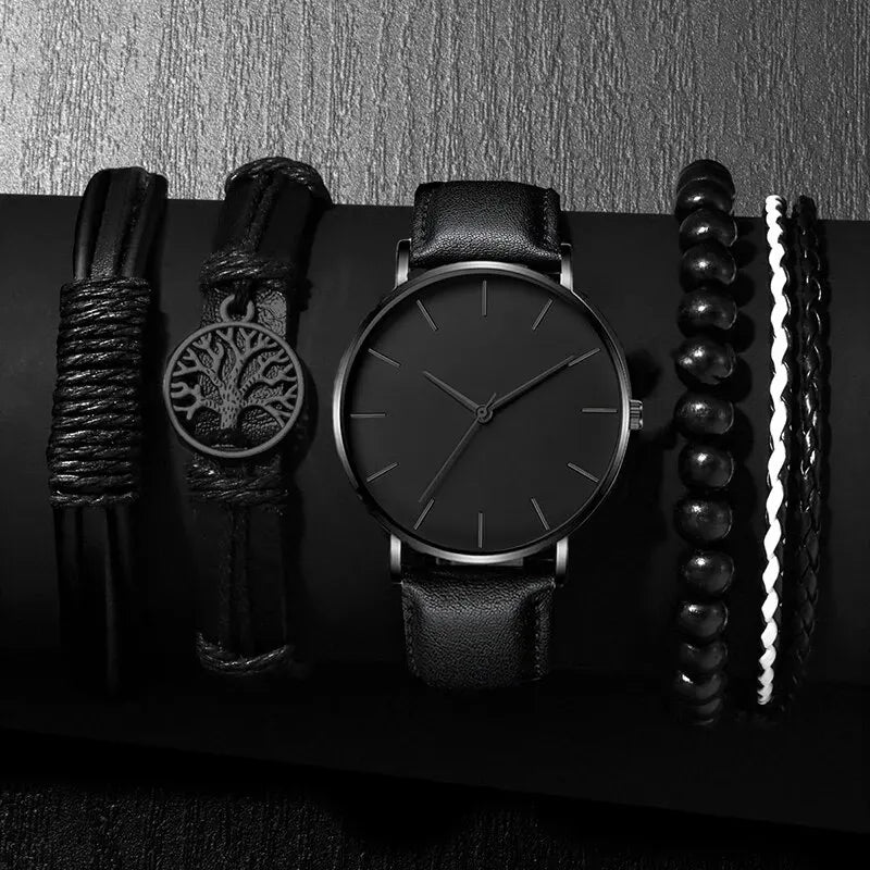 5 pçs conjunto moda masculina relógios esportivos homem negócios quartzo relógio de pulso luxo pulseira de couro masculino relógio casual