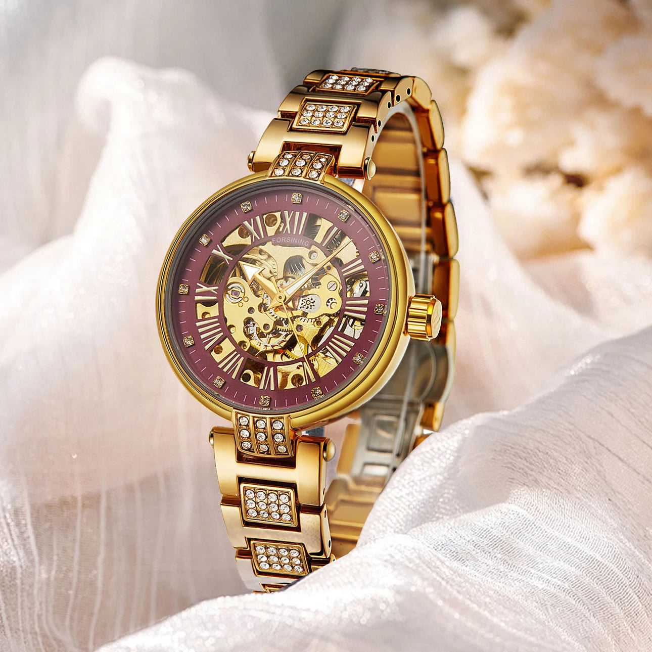relógio forsining,relógio com movimento automático elegante feminino esqueleto de aço inoxidável relógio de pulso.