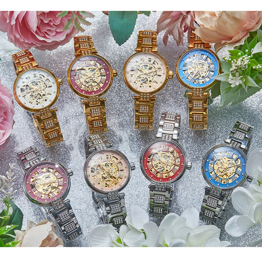 relógio forsining,relógio com movimento automático elegante feminino esqueleto de aço inoxidável relógio de pulso.