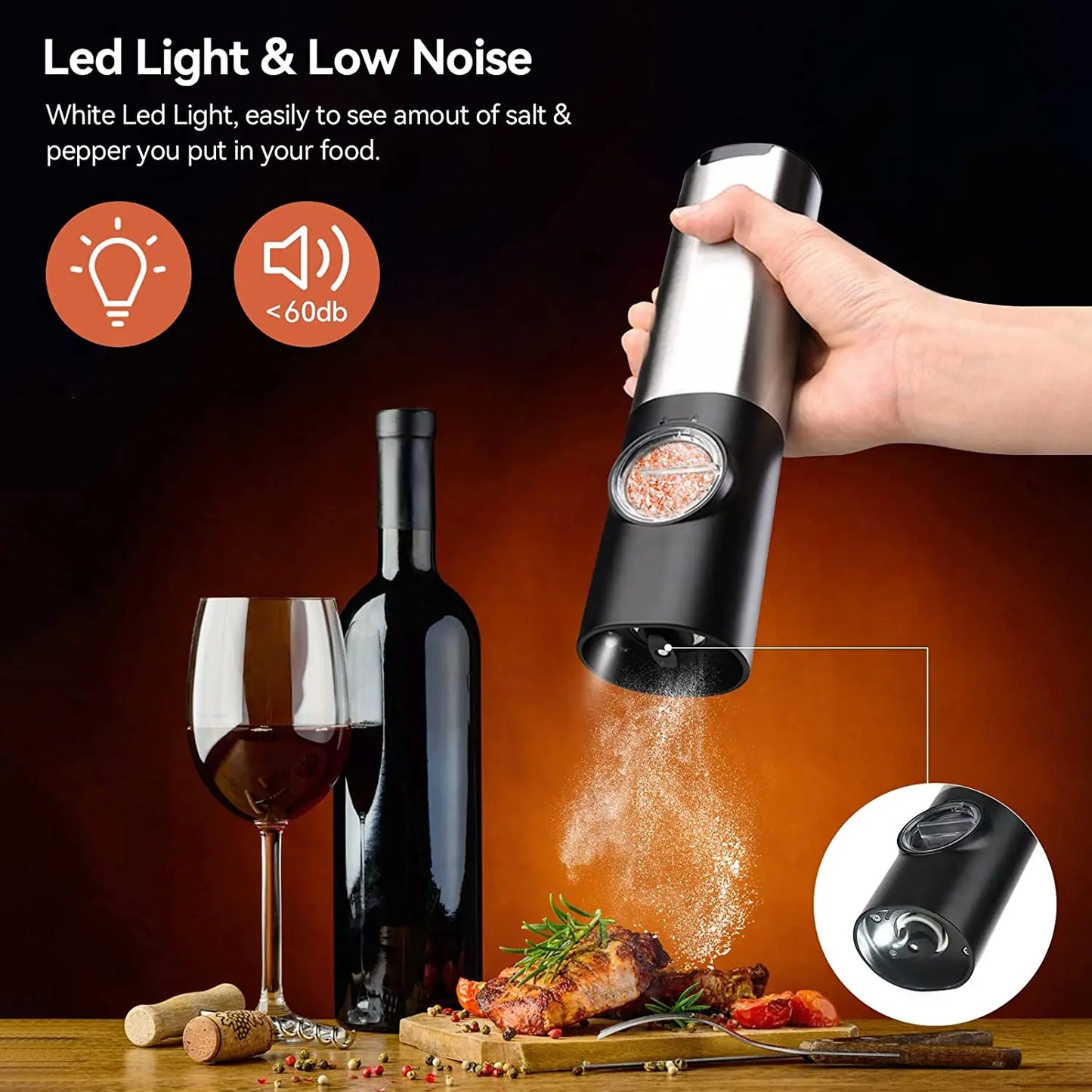Moedor de pimenta de sal elétrico recarregável USB com rugosidade ajustável Moedor de pimenta em pó de pimenta moída na hora Ferramenta de cozinha
