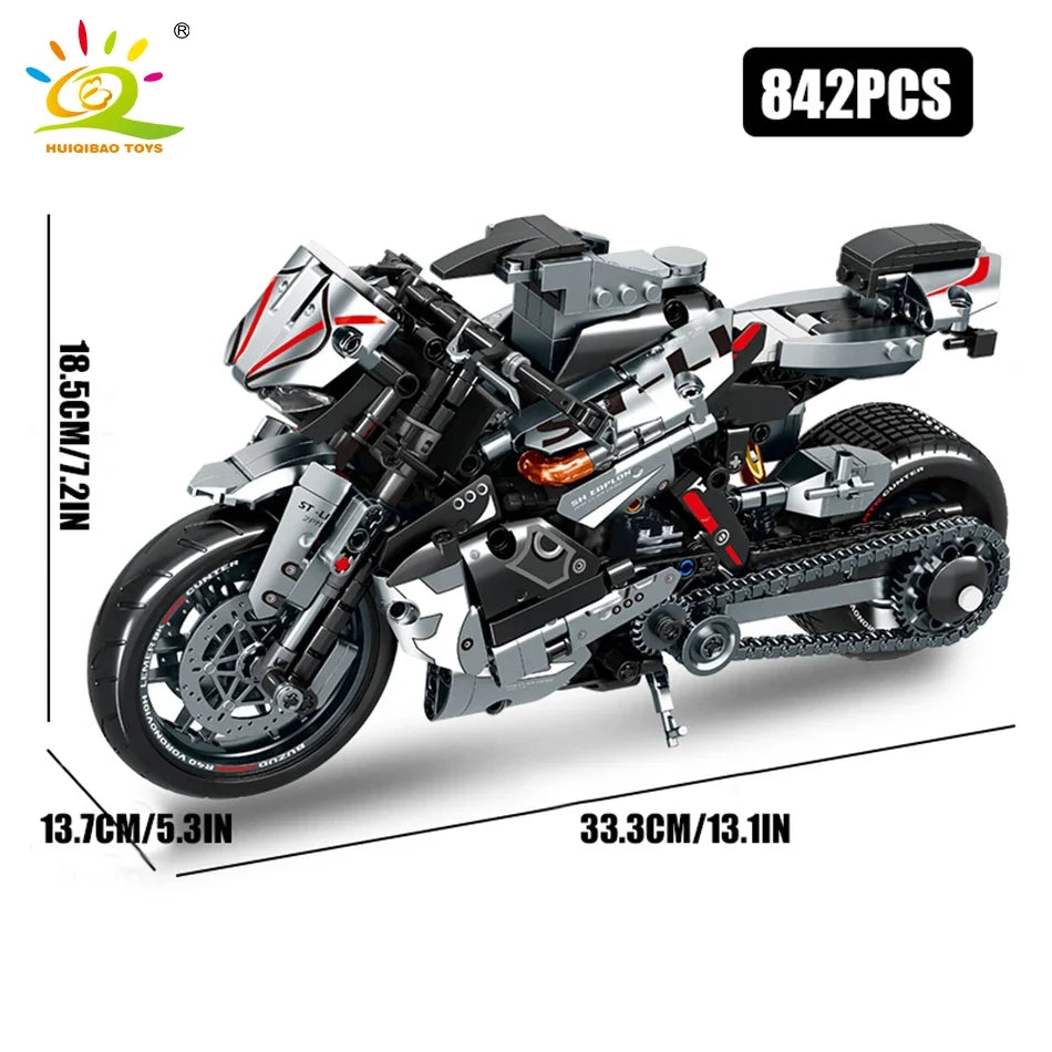 Monte seu próprio modelo de moto com os blocos Huiqibao, feitos de plástico ABS ecológico e projetados para entusiastas e apaixonados por motos e para colecionadores.