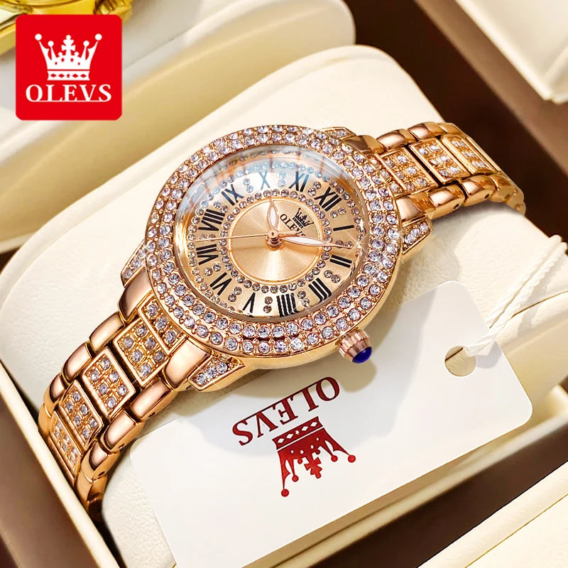 relógio Olevs luxo todo diamante original relógio de quartzo para mulheres elegante rosa ouro aço inoxidável à prova d´ água relógios de pulso