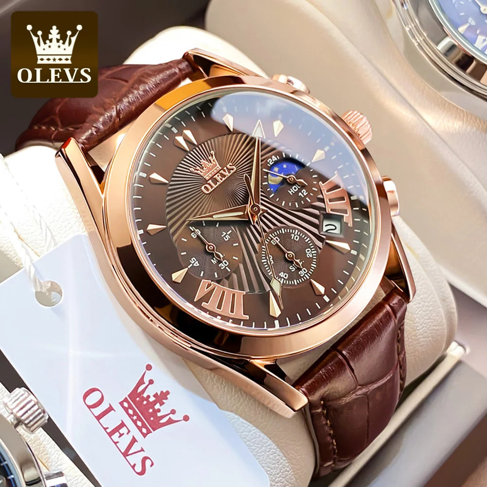 OLEVS-Relógio Quartzo Impermeável Masculino, Relógio de Pulso de Couro, Alta Qualidade, Original, Marca Luxo, Moda