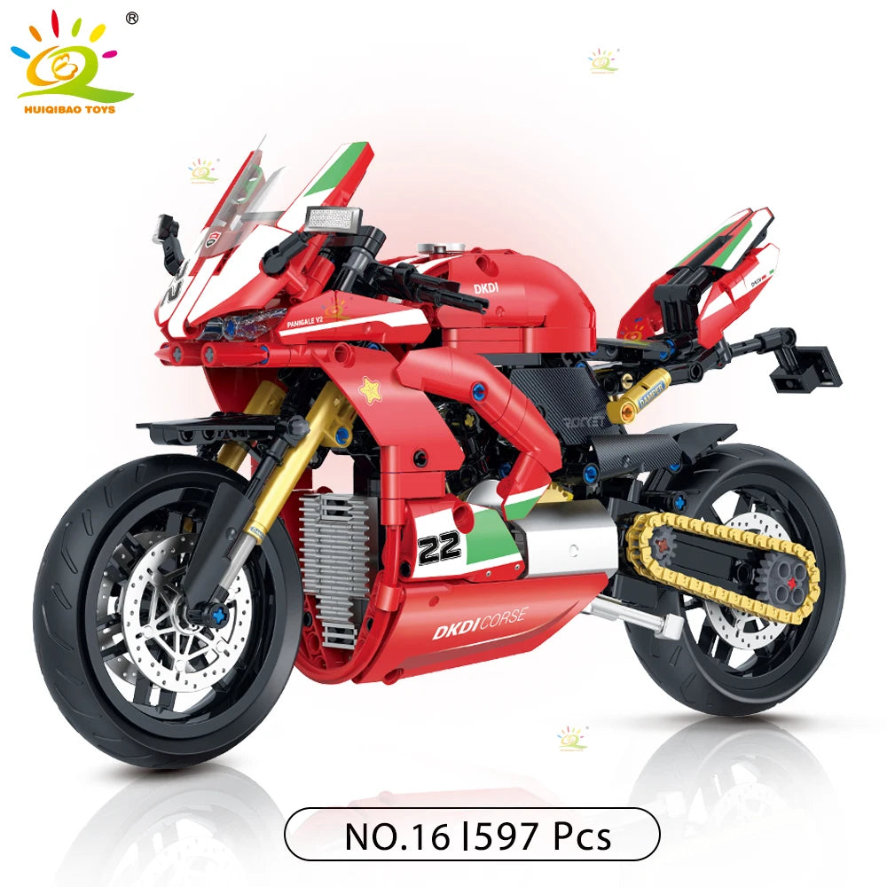Monte seu próprio modelo de moto com os blocos Huiqibao, feitos de plástico ABS ecológico e projetados para entusiastas e apaixonados por motos e para colecionadores.