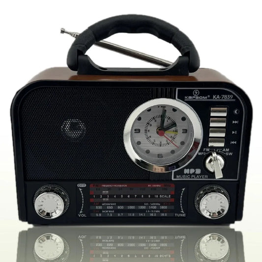 Caixa Som Retro Antiga Am Fm Usb Aux Sd Bluetooth Recarregável Som Antena Analogico com relógio redondo