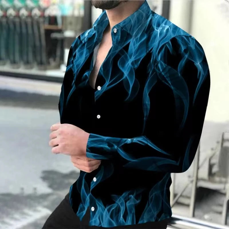 Moda nova camisas masculinas turn-down colarinho abotoado camisa primavera e outono casual chama impressão manga longa topos .