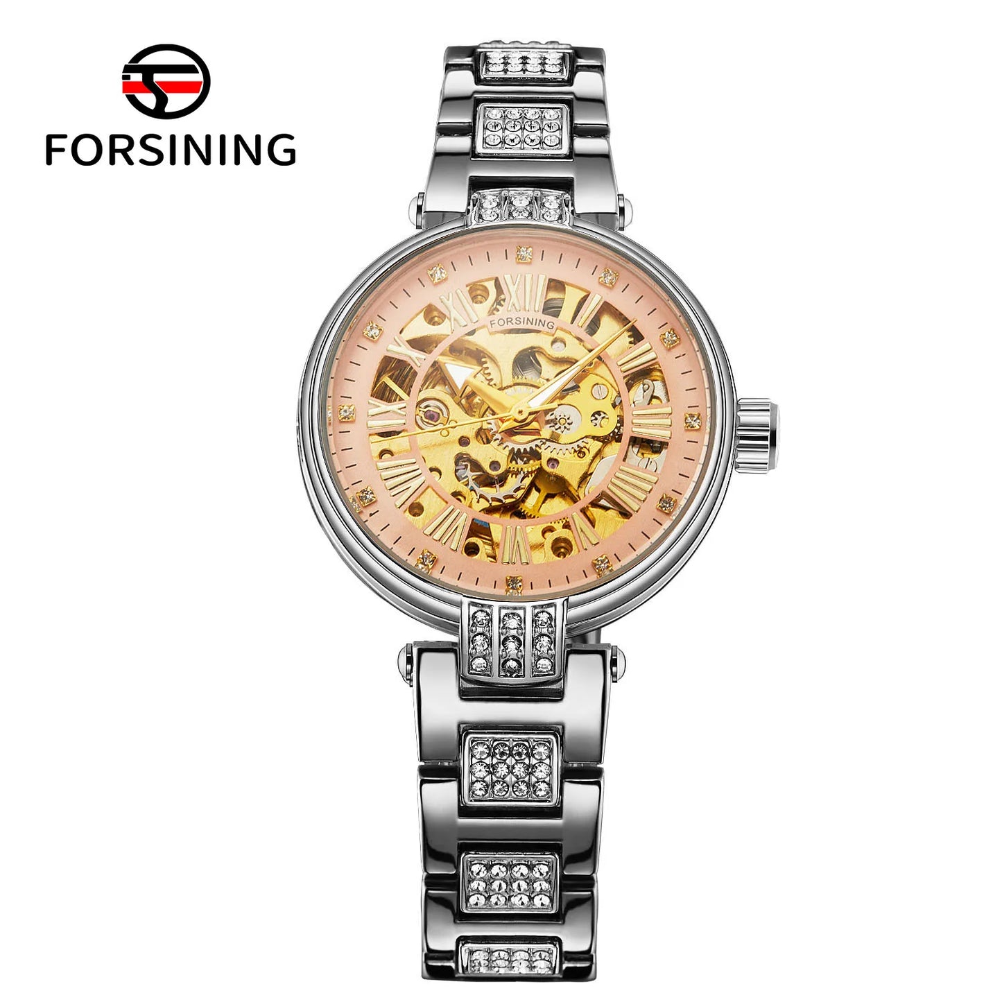 relógio forsining,relógio com movimento automático elegante feminino esqueleto de aço inoxidável  relógio de pulso.