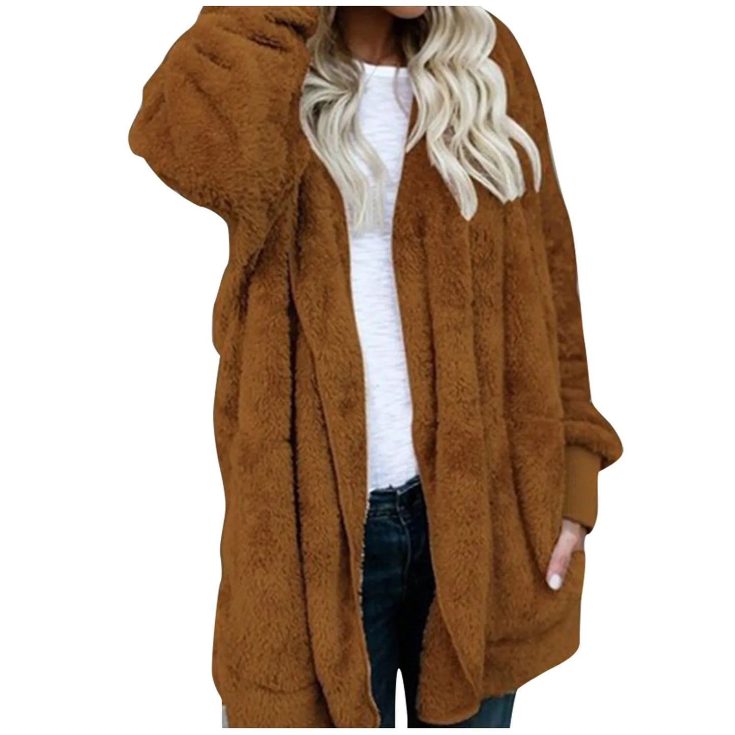 Jaqueta feminina de pelúcia dupla face com capuz, moda inverno elegante.