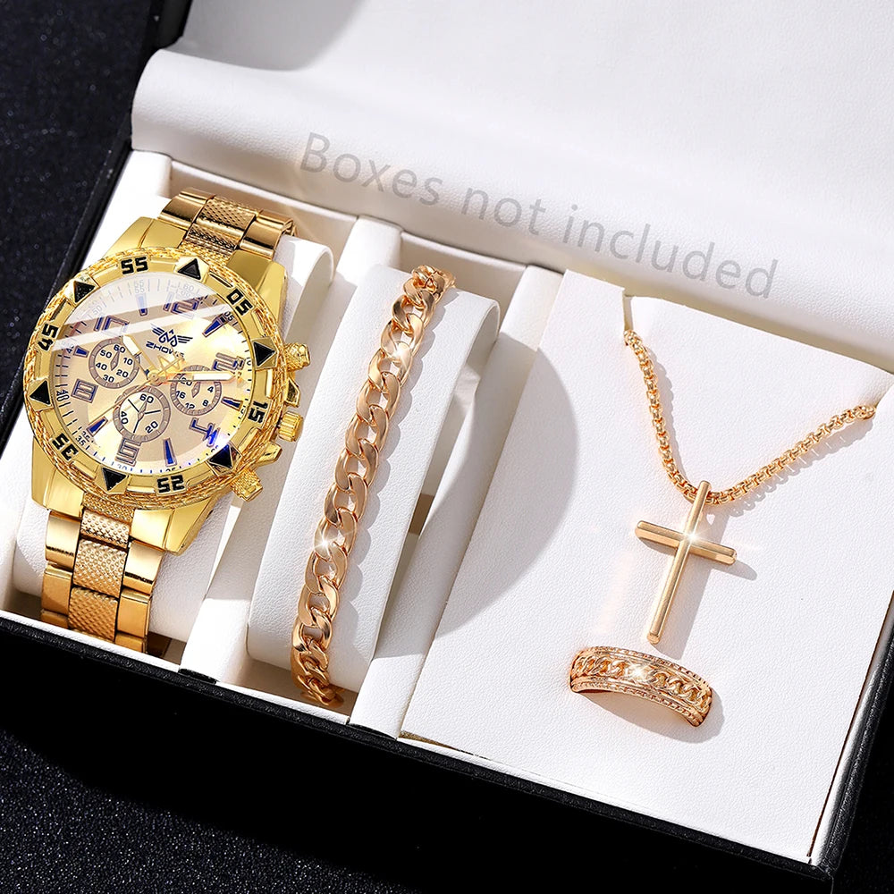 4 pçs conjunto de relógio masculino tendência de negócios relógio de quartzo pulseira colar anel conjunto adequado para roupas diárias combinando presente perfeito