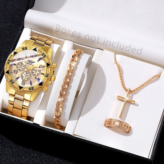 4 pçs conjunto de relógio masculino tendência de negócios relógio de quartzo pulseira colar anel conjunto adequado para roupas diárias combinando presente perfeito