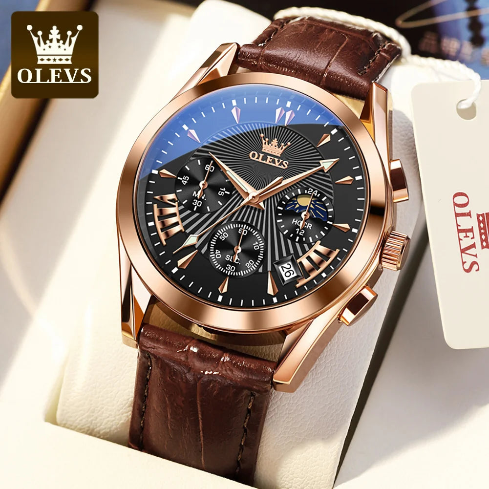 OLEVS-Relógio Quartzo Impermeável Masculino, Relógio de Pulso de Couro, Alta Qualidade, Original, Marca Luxo, Moda