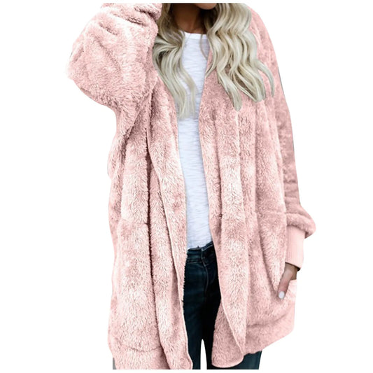Jaqueta feminina de pelúcia dupla face com capuz, moda inverno elegante.