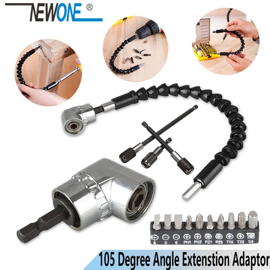 Conjunto de ferramentas de chave de fenda de chave de fenda de chave de fenda de ângulo reto ajustável de 105 graus 1/4 Hex Shank para ferramentas de bits de chave de fenda de broca elétrica