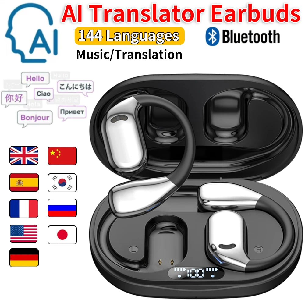 Fones de ouvido tradutor ai, tradutor em tempo real, 144 idiomas, sem fio, bluetooth, dispositivo tradutor de voz para viagens