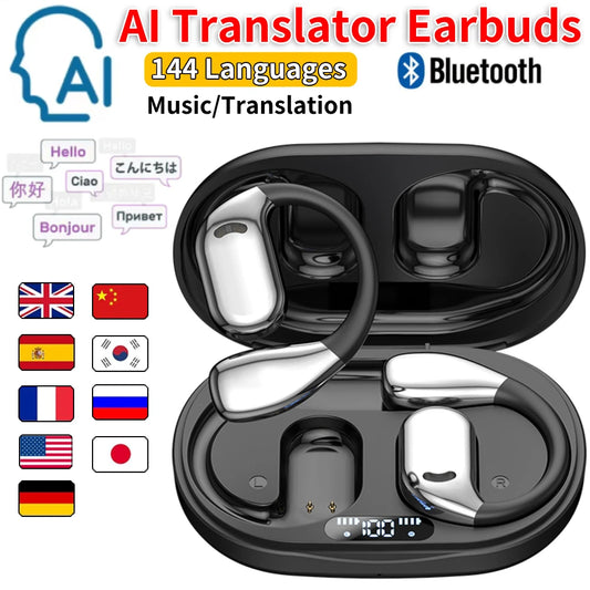 Fones de ouvido tradutor ai, tradutor em tempo real, 144 idiomas, sem fio, bluetooth, dispositivo tradutor de voz para viagens