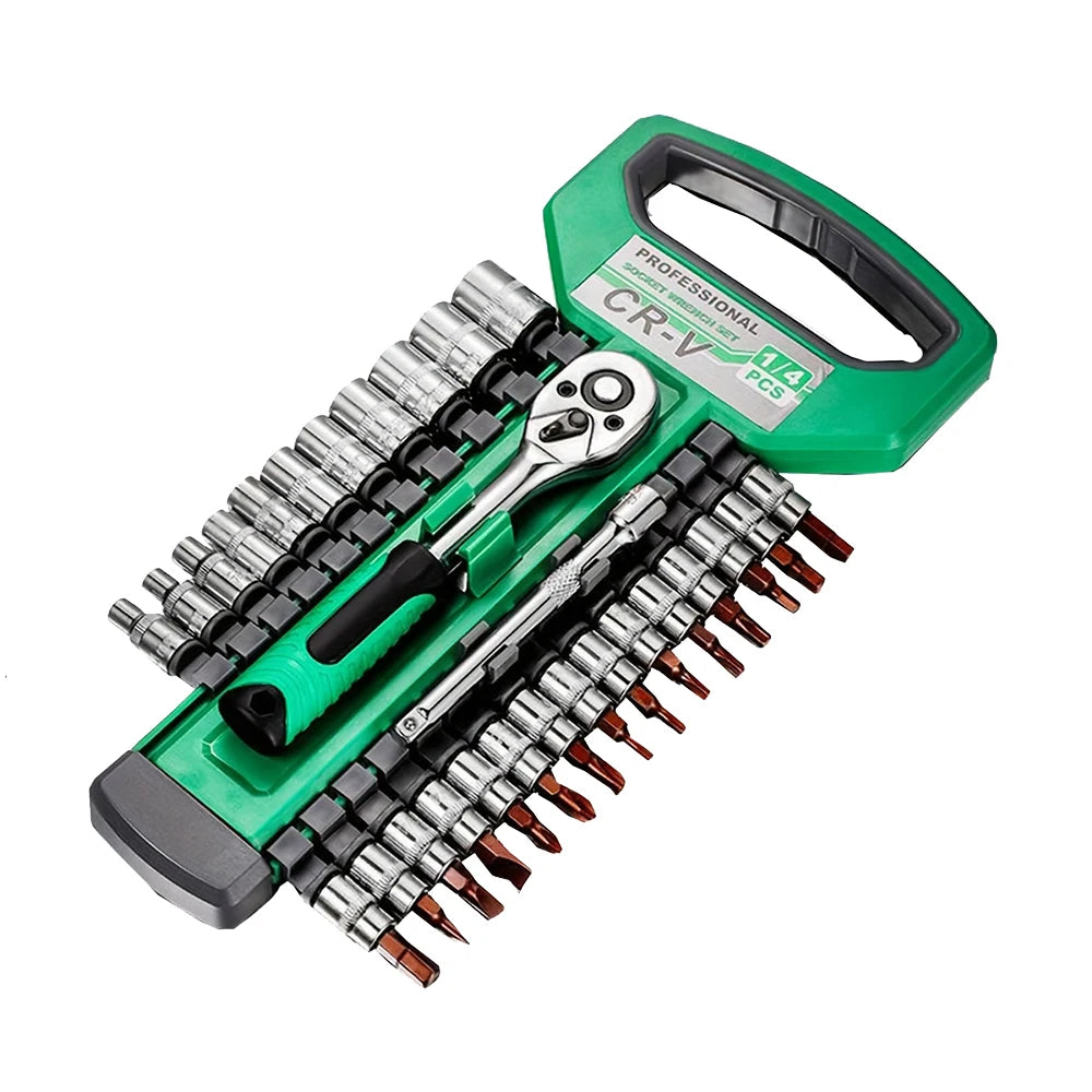 Conjunto de chave de soquete catraca de 1/4 polegadas, kit de ferramentas mecânicas e conjunto de soquetes com alça e extensão de catraca reversível de liberação rápida