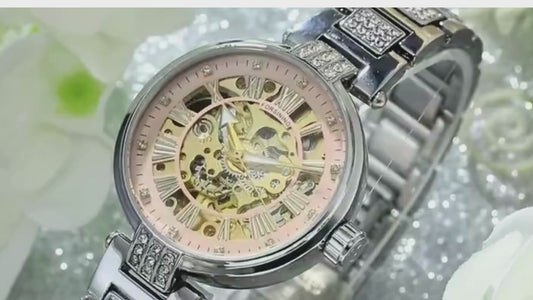 relógio forsining,relógio com movimento automático elegante feminino esqueleto de aço inoxidável  relógio de pulso.